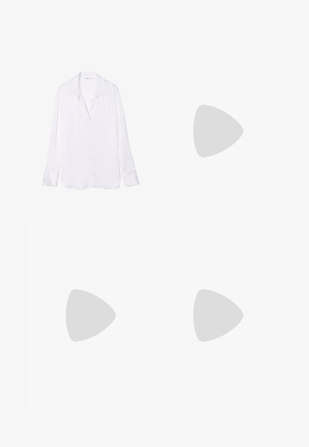 Chemise blanche à manches longues avec un col à rabat, texture lisse et patte de boutonnage visible sur le devant. Le tissu léger tombe doucement.; Pantalon culotte noir en polyester avec une taille élastique, deux plis avant et une silhouette ample. Pas de motifs visibles ni de détails matériels.; Sandales à talons vernies noires avec un bout carré, des sangles autour de la cheville et des boucles en argent. Dotées d'un talon bloc épais pour plus de stabilité.; Sac à main en cuir noir avec une forme courbée, bandoulière amovible et des accessoires en or. Le sac est doté d'un rabat avec un détail de boucle.