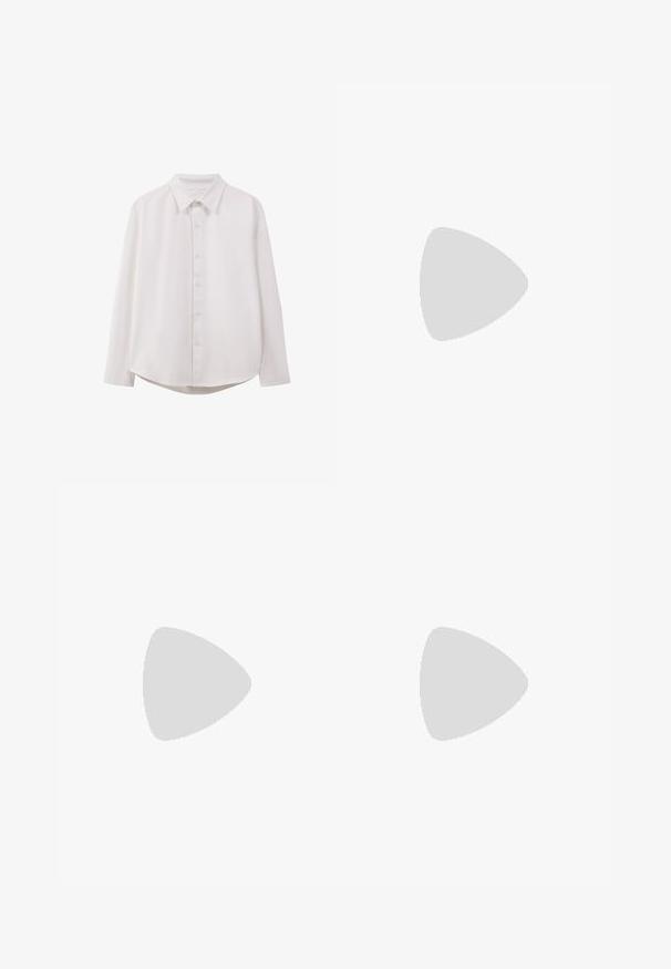Camicia bianca a maniche lunghe con colletto classico, chiusura frontale con bottoni, vestibilità rilassata e orlo curvo; realizzata in tessuto leggero e morbido.; T-shirt in cotone nero con un logo bianco che recita "TOMMY HILFIGER NEW YORK CITY Est. 1985," maniche corte e scollatura a giro.; Pantaloni grigi su misura con taglio dritto, dotati di due tasche frontali, pieghe e chiusura a bottone. Realizzati in tessuto leggero.; Sneaker in pelle bianca con motivo stampato, suola intermedia bianca testurizzata e accentuazione nera sul tallone. Presenta punta arrotondata e lacci piatti.