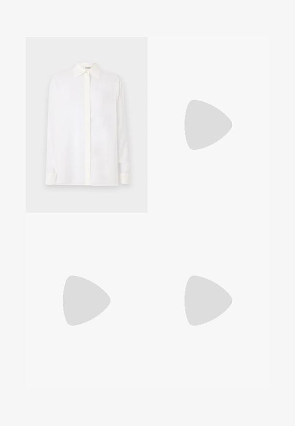 White long-sleeve shirt with a pointed collar, button front, and a smooth, lightweight fabric. Features a straight cut and cuffed sleeves.; White denim skirt featuring a front slit, five-pocket design, metal button and zipper closure, and stitched hem details.; Black leather ballet flat with a rounded toe, smooth texture, minimal stitching detail, and a flexible sole design.; Black leather handbag with a curved shape, featuring a decorative design on the front, a short strap, and gold-tone hardware accents.