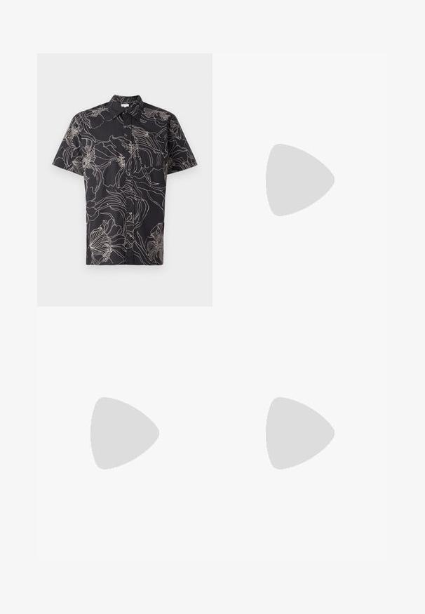 Kortærmet sort skjorte med hvidt blomsterudskrift, der har en knaplukning foran og standard krave. Fremstillet af letvægtsstof.; Sort kortærmet polo-shirt med et tekstureret, abstrakt mønster. Kraven er flad og let åben, hvilket fremhæver det afslappede design.; Lyseblå denimshorts med klassisk snit. Har fem lommer, orange stikninger og rå skærmkanter.; Sorte læder loafers med en glat finish, rund tå og dekorativ syning på vampen. Lav stablet hæl og let glans.