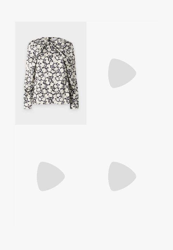 Blusa nera con motivo floreale caratterizzata da fiori color crema, maniche lunghe, dettagli plissettati sulle spalle e orlo dritto. Tessuto morbido.; Pantaloni beige a gamba larga realizzati in tessuto leggero, con pieghe frontali, una vita liscia e una linea dritta con orli puliti.; Tacchi slingback in pelle nera con punta affusolata, caratterizzati da un tacco alto e un accento dorato sulla cinghia regolabile. Texture liscia.; Borsa a mano in pelle nera con un design strutturato, caratterizzata da una forma corta, manico superiore e accessori in metallo dorato. Inclusa tracolla regolabile.
