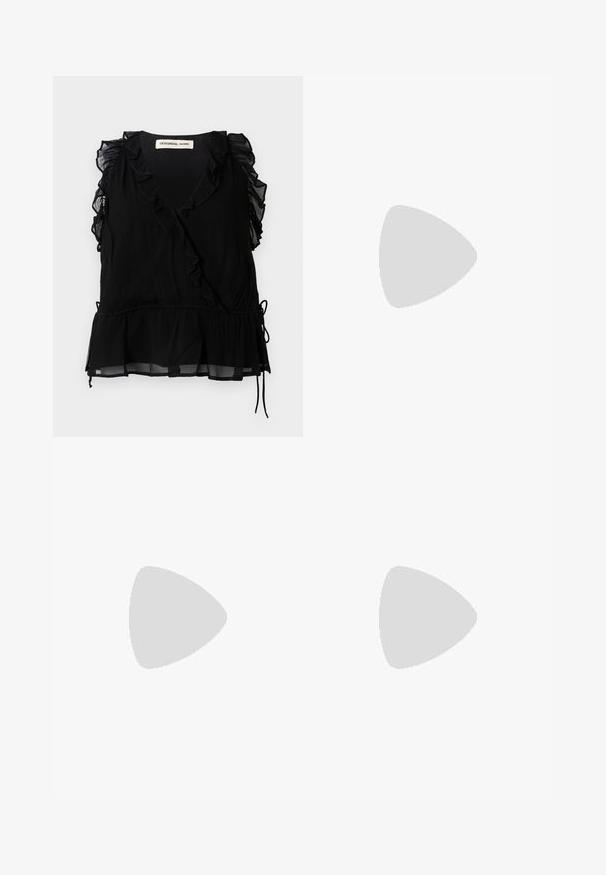 Black sleeveless top with ruffled edges, V-neckline, and a flared hem. Made of lightweight fabric with a textured finish and drawstring detail.; Light blue denim flared jeans with five pockets, belt loops, button closure, and a slightly faded texture, featuring a red logo detail on the back.; Black leather ballet flat with a rounded toe, smooth texture, minimal stitching detail, and a flexible sole design.; Brown leather handbag with a flap closure, gold-tone hardware, a shoulder strap, and a smooth texture. Compact rectangular shape.