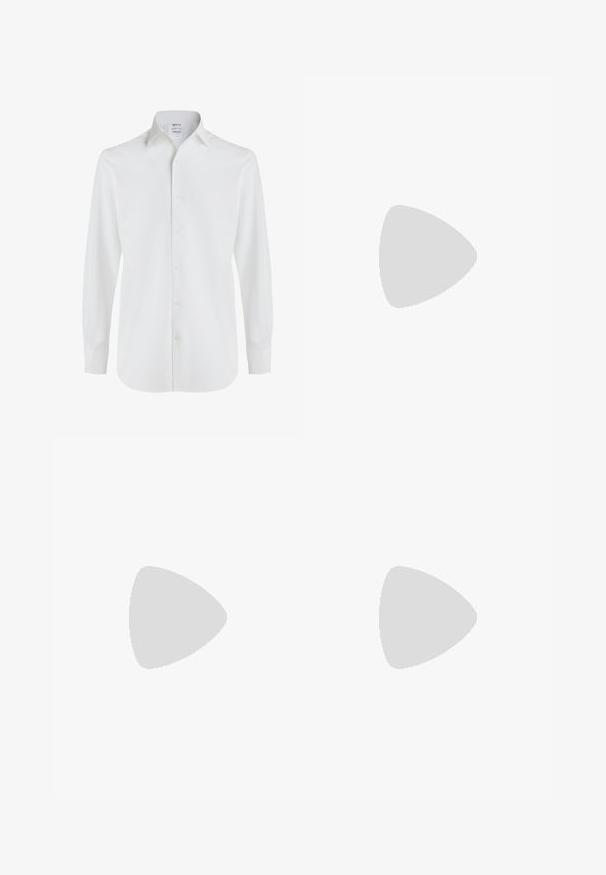 Camicia bianca a maniche lunghe in cotone liscio, con colletto classico, chiusura frontale con bottoni e orlo arrotondato con polsini con bottone.; T-shirt nera a maniche corte in cotone, con scollatura rotonda e un piccolo logo ricamato sul petto. Tessuto liscio, vestibilità standard.; Pantaloni neri con un design a gamba dritta, realizzati in un tessuto liscio. Presentano pieghe frontali e una chiusura a un bottone in vita.; Mocassini in pelle nera con finitura liscia, dotati di una cintura decorativa e cuciture a contrasto, abbinati a pantaloni beige.