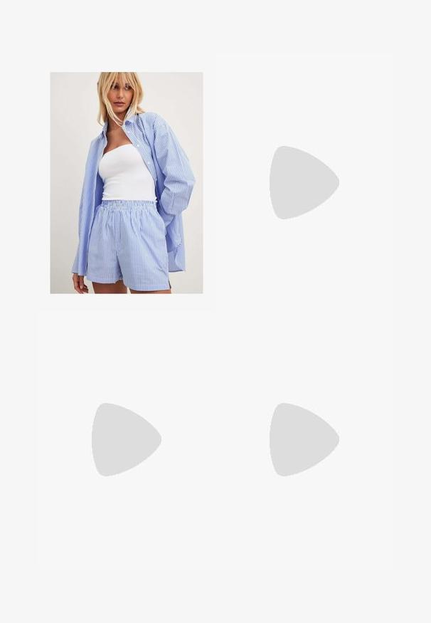 Blue and white striped oversized shirt with long sleeves, paired with matching striped shorts featuring an elastic waistband.; White short-sleeve t-shirt made of soft cotton, featuring a crew neckline and a fitted shape. No visible patterns or embellishments.; Dark blue denim wide-leg jeans with a high waist, five pockets, contrast stitching, and silver metal hardware. Smooth texture and clean finish.; Black leather ankle boot with a pointed toe and a block heel. Smooth texture, minimalist design, and a high-cut silhouette.; Black oversized sunglasses with oval lenses, smooth plastic frame, and gold accents on temple. Dark lenses provide sun protection.