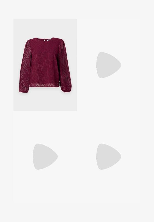 Burgundy blouse with sheer long sleeves, featuring a leaf pattern in embroidered detail and a round neckline with a keyhole back closure.; Black, high-waisted trousers with a straight-leg fit. Made from a smooth fabric, featuring front pleats and side pockets.; Black suede heeled sandals with a thin ankle strap, open toe design, and a modest block heel. Smooth texture and minimal accents.; Black leather tote bag with smooth texture, rectangular shape, and two long handles. No visible hardware or embellishments.