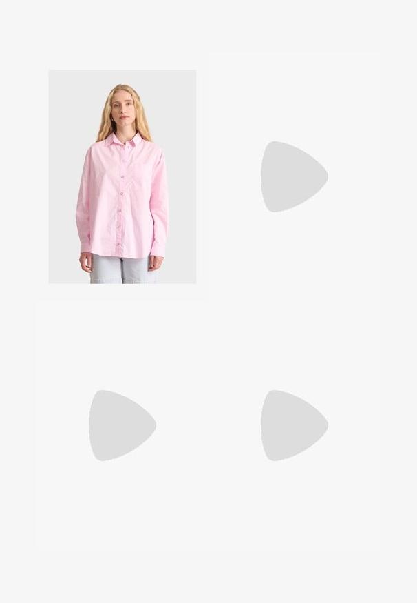 Light pink button-up shirt in a relaxed fit with a single chest pocket and long sleeves. Fabric appears smooth with subtle texture.; Black sleeveless dress with a square neckline, fitted bodice, and gathered, flared skirt ending in a rounded hem. Smooth fabric.; Black sandals featuring two wide straps with decorative studs and detailed buckles, set on a sturdy textured rubber sole.; Round sunglasses with metallic gold frames and dark green lenses. The arms feature a tortoiseshell design for added detail.; Black faux leather handbag with quilted texture, curved shape, silver chain strap, and a small logo accent at the front.