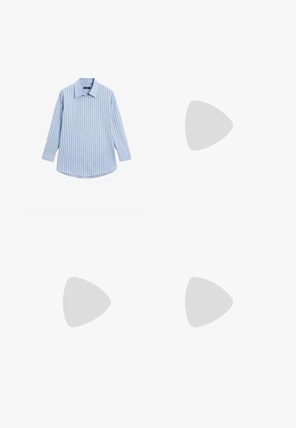 Light blue button-up shirt with vertical white and thin red stripes, long sleeves, classic collar, and a curved hemline.; Wide-legged, gray denim jeans featuring a slightly faded texture, five-pocket design, and classic button and zipper closure.; Dark brown mid-calf leather boot with a rounded toe, thick black sole, low block heel, and pull tab at the back.; Brown leather tote bag with a smooth texture, open top design, and two shoulder straps. Features minimal stitching and no visible hardware.