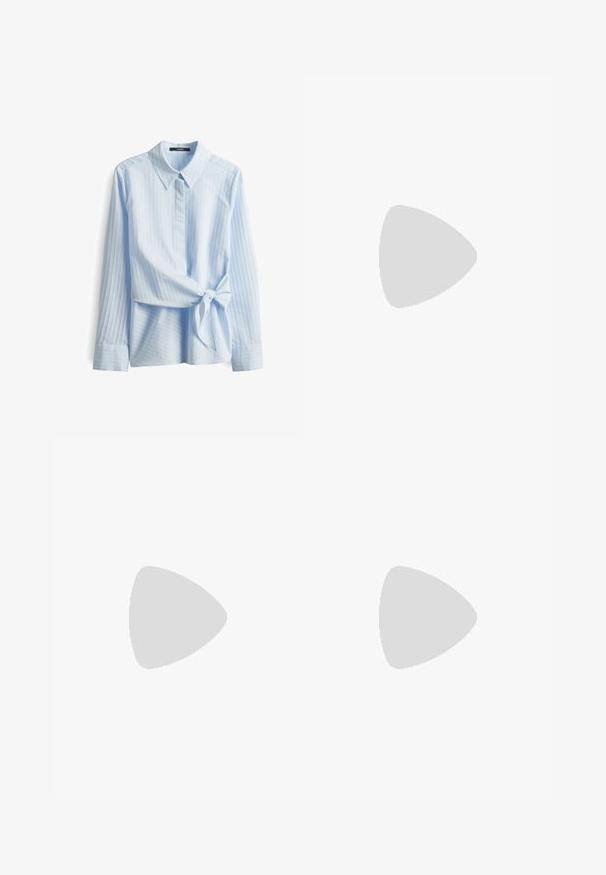 Camicia azzurra a maniche lunghe con colletto a punta, righe verticali e dettagli sul punto vita legati. Tessuto liscio con una consistenza morbida.; Pantaloni larghi marroni realizzati in tessuto morbido, con vita elastica e cordoncino, e due tasche laterali.; Sneakers in suede marrone con strisce in pelle bianca, suola in gomma, punta rotonda e lacci. Presentano un logo sulla linguetta e dettagli perforati.; Borsa tote in pelle marrone con texture liscia, design con apertura superiore e due spallacci. Presenta cuciture minime e nessun hardware visibile.