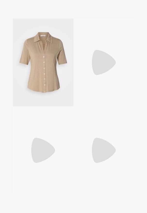 Short-sleeve button-up shirt in sandy beige, made from soft fabric with a collared neckline and seven button closures down the front.; Black wide-leg trousers with high waist, button details on waistband, and front pleats.; Black leather pump with a pointed toe and a low block heel. Features an ankle strap with a gold-tone buckle. Smooth texture.; Brown leather shoulder bag with a smooth texture, rounded shape, wide strap, and circular metallic accent on the handle.
