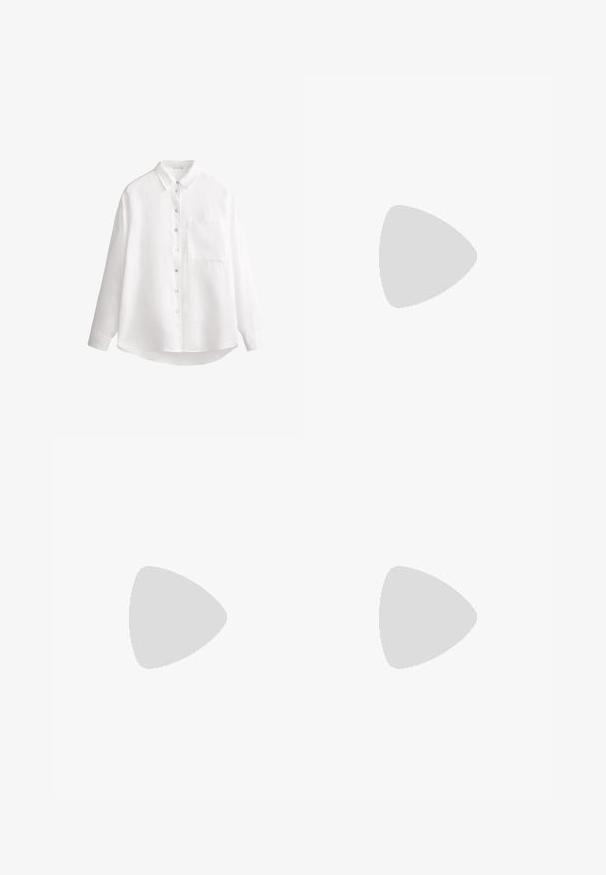 Vit långärmad skjorta med knappar i texturerat tyg, med klassisk krage, framficka och rundad nederkant.; Mörk denim vida byxor med veck vid midjan, med en framknapp och bältesögglor. Slät textur och helängdsdesign.; Bruna mocka plattformssandaler med dubbla remmar, som har en texturerad sula och en tjock, formad klack. Bärs med denimbyxor.; Brun mockaläders toteväska med två långa remmar, dragsko-stängning och minimalistisk design. Slät textur och inga synliga metallaccenter.
