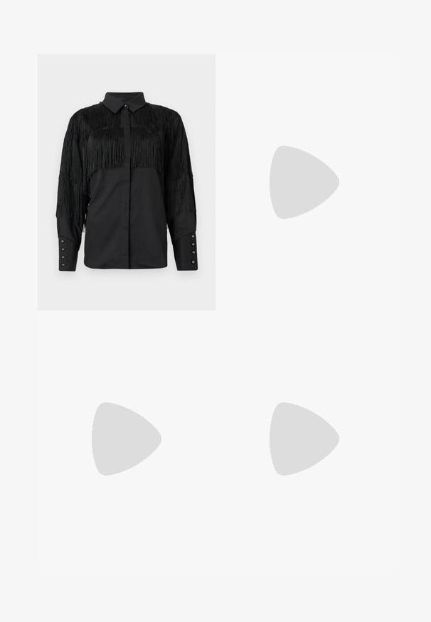Black blouse featuring fringed accents across the shoulders and back, with a button-up front and long sleeves. Pearl-like buttons at cuffs.; Black wide-leg trousers with a tailored design, featuring a smooth texture and subtle pleats at the front. No visible hardware or patterns.; Black leather ankle boot with pointed toe, slim mid-height heel, and silver buckle detail on side against plain background.; Black leather handbag with a triangular shape, a slim strap, and silver hardware. Features a zip closure and embossed logo on the front.