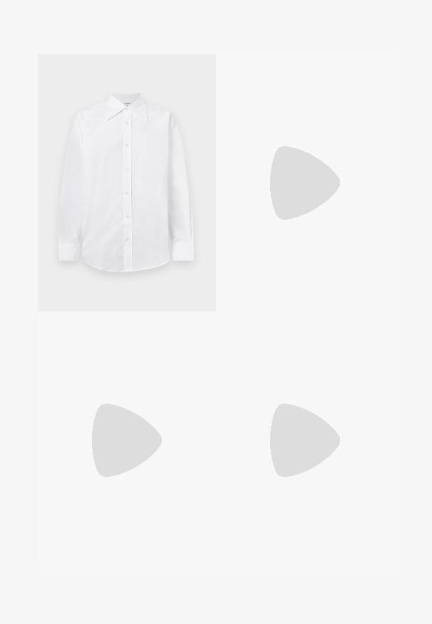 White fitted shirt with long sleeves, a classic pointed collar, and button front closure. Made of smooth, lightweight fabric.; Black knitted mini skirt with vertical ribbing and subtle metallic threads. Features a fitted design and a central back slit for ease of movement.; Black leather ballet flat with a rounded toe, smooth texture, minimal stitching detail, and a flexible sole design.; Black leather handbag with a curved shape, featuring a decorative design on the front, a short strap, and gold-tone hardware accents.