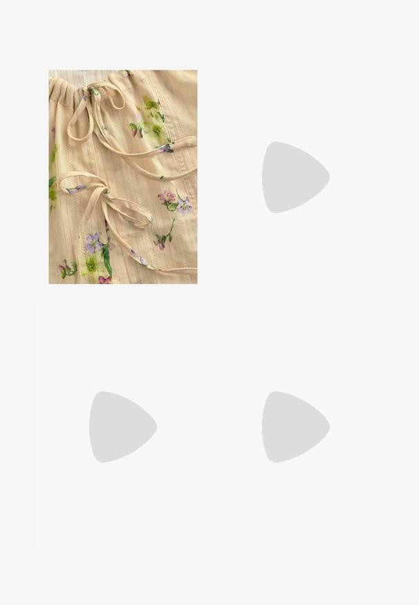 Beige fabric top with floral print in purple and green. Features gathered neckline with ties and subtle textured stripes. Lightweight and soft.; Brown wide-leg trousers with a smooth texture, featuring a high waist and front pleats. The fabric is lightweight and flows loosely.; Brown patent leather slingback shoe with a pointed toe and a moderate heel. Features a buckle strap for secure fit. Smooth texture.; Brown leather crossbody bag with a curved shape, gold hardware, and a buckle accent. Features a detachable shoulder strap.