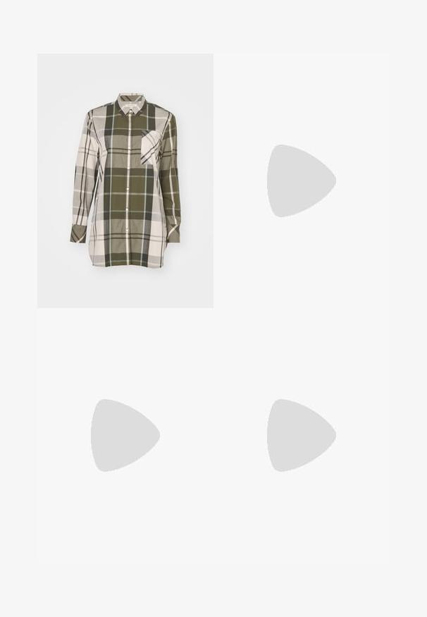 Button-up long-sleeve shirt with green, beige, and gray plaid pattern. Features a chest pocket and soft cotton fabric.; Wide-leg trousers in a light beige fabric, featuring pleats, a high waist, and a smooth texture with no visible embellishments.; Black leather knee-high boot with a rounded toe, smooth texture, minimalistic design, and a flat sole. Simple seam details on the shaft.; COACH TABBY SHOULDER BAG 26 - Handbag - dark stone