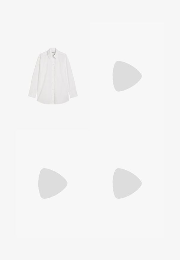 White long-sleeve button-up shirt with a pointed collar and single chest pocket, laid flat against a white background.; Black wide-leg trousers with high waist, button details on waistband, and front pleats.; Black leather ankle boot with a block heel and platform sole, viewed from the side on a plain white background.; Black leather tote bag with two long handles, a smooth texture, and a structured shape. Features a front pocket for additional storage.