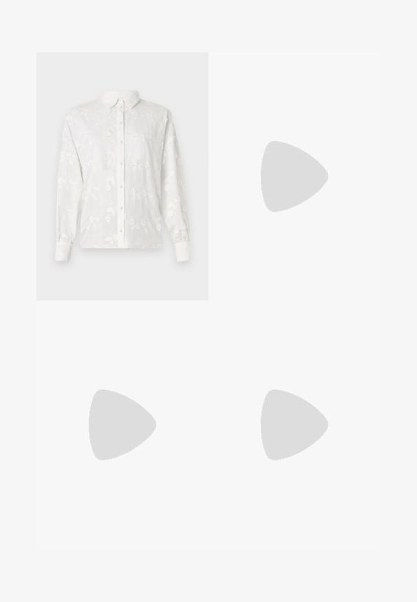 White long-sleeve button-up shirt featuring a textured floral embroidery pattern, pointed collar, and contrasting button placket.; Wide-leg pants made of smooth, textured fabric in a deep red color. Features front pockets and a single button closure at the waist.; Black patent leather high-heeled shoe with pointed toe, ankle strap, and textured crocodile pattern. Square block heel design.; Black leather handbag with a curved shape, detachable strap, and gold hardware. The bag features a flap with a buckle detail.
