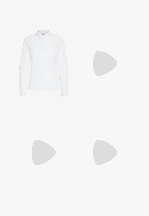 White button-up shirt made of smooth fabric. Features long sleeves, a classic collar, and six front buttons with a fitted design.; Black wide-leg trousers with high waist, button details on waistband, and front pleats.; Black leather pump with a pointed toe and a low block heel. Features an ankle strap with a gold-tone buckle. Smooth texture.; Black handbag with structured shape, smooth texture, and a metallic clasp. Paired with wide black pants and open-toe sandals on wooden floor.