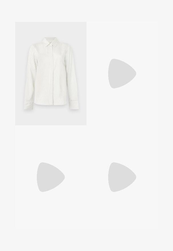 White button-up shirt with vertical light gray and blue stripes, long sleeves, standard collar, and straight cut at the hem.; Black jeans with a straight leg design, five-pocket style, metal hardware, and a soft denim texture. Minimalist and uniform in color.; Brown leather wedge pump with a pointed toe and a rounded, ball-shaped heel. Smooth texture with a simple design and minimal accents.; CLOSED CLOSED ONE  - Cross body bag - black