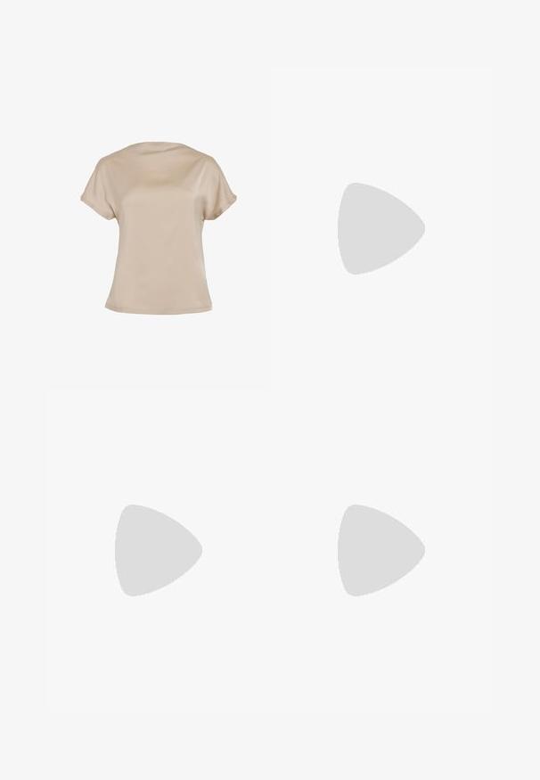 Haut beige à manches courtes en tissu lisse, doté d'un col rond et d'une coupe décontractée avec un ourlet droit. Sans motifs ni détails métalliques.; Jupe en coton beige avec une poche latérale, taille ceinturée avec un anneau argenté, et une légère silhouette en A. Texture lisse et design simple.; Escarpin à talon slingback à bout pointu en matériau beige lisse et brillant. Présente un design de découpes courbées et un talon aiguille fin. Détail de boucle en argent.; Sac bandoulière en cuir marron avec une forme incurvée, quincaillerie dorée et un accent en boucle. Comprend une bandoulière détachable.