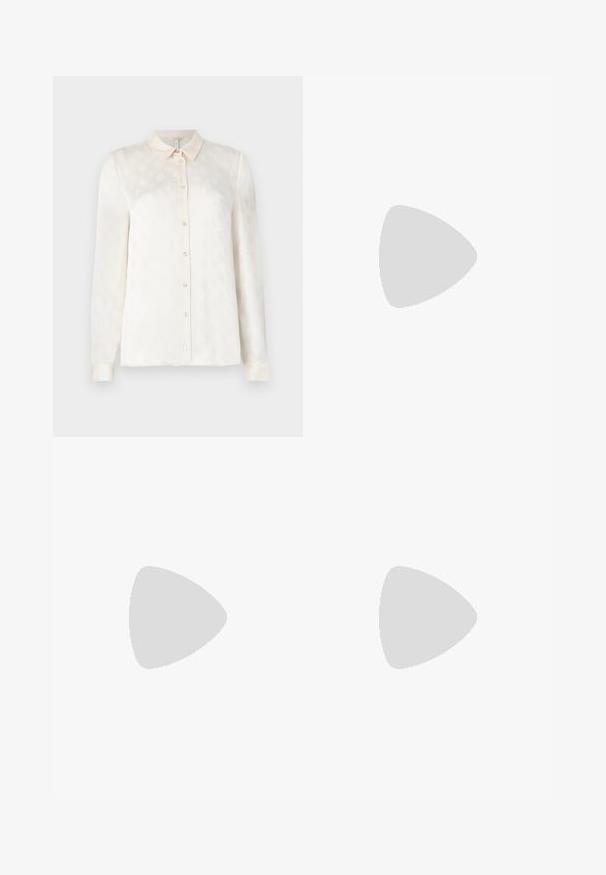 White long-sleeve shirt with a collared neckline, buttoned front, made of a smooth fabric featuring a subtle embossed pattern.; Pleated white skirt with a black elastic waistband featuring the "LACOSTE" logo. Mid-length design with soft texture.; White leather sneakers with a thick white sole, black suede heel accent, and embossed logo on the side. Laced design with six eyelets.; Black oversized sunglasses with a geometric shape, featuring dark lenses and a contrasting grey detail on the frame. Logo on the arm.