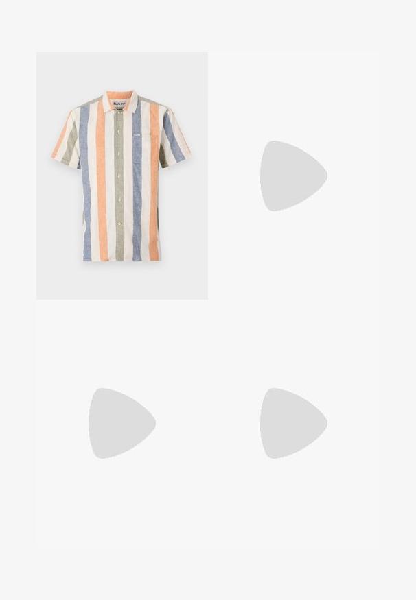 Krátký rukáv pruhované tričko z bavlněno-lnového směsového materiálu. Má vertikální pruhy v oranžové, modré, zelené a krémové barvě, knoflíkovou přední část a kapsu na levé straně hrudi.; Bílé džínové šortky s rovnými nohavicemi, pěti kapsami a viditelným švem. Mají přední zapínání na knoflík a malé logo značky na boku.; Světlé šedé semišové sandály na klínku s dvěma nastavovacími přezkami, korekovou stélkou a texturovanou gumovou podrážkou.; Massimo Dutti GEOMETRIC - Sluneční brýle - dark brown