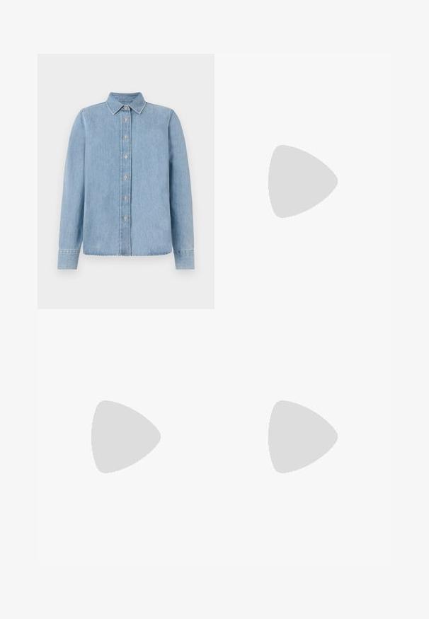 Svetlo modra denim srajca z dolgimi rokavi, z gumbi spredaj, s koničastim ovratnikom in šivanjem na robu, ki vključuje subtilno zbledelost in standardne gumbe.; Trikotažna bela midi krila z teksturiranim vzorcem s pokončnimi črtami in izrezi blizu roba. Elastičen pas. Mehka tkanina.; Črne usnjene balerinke z zaobljenim nosom, gladko teksturo, minimalnimi šivi in fleksibilno zasnovo podplata.; Rjava usnjena torbica s poklopcem, zlato obarvani okovi, naramnica in gladka tekstura. Kompaktna pravokotna oblika.