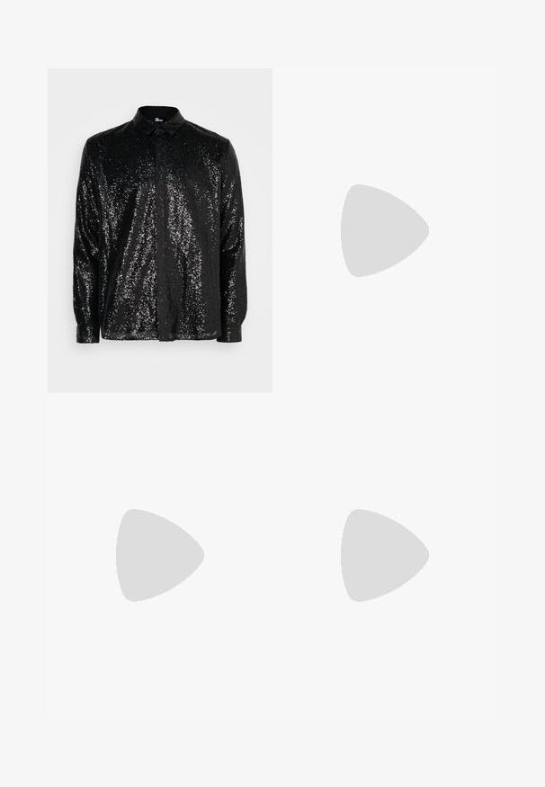The Kooples Shirt - black; Études LOOSE SUIT PANT - Suit trousers - black; Black leather loafers with a rounded toe, featuring gold hardware accent and stitching detail, set on a low, textured rubber sole.; Black round sunglasses with dark lenses and slim metal arms. Includes clear temple tips and silver accents at the hinge. Minimalist design.