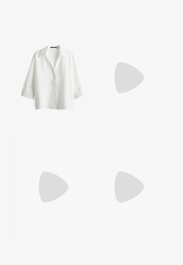 White, button-up shirt with a textured fabric, pointed collar, and three-quarter sleeves. Features five buttons and a relaxed fit.; White wide-leg jeans made of denim with a smooth texture. Features a button and zipper closure with two front pockets and two back pockets.; Golden metallic high-heeled sandal with ankle strap, two narrow front bands, and a block heel. Features decorative embellishments.; Woven straw handbag with a curved silhouette, featuring a smooth black leather strap and a matching small pouch attached by a wrist strap.