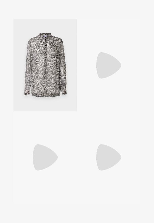 Sheer black and white blouse featuring a button-up front, long sleeves, and an abstract pattern with varying textures.; Gray sweatpants made of soft fabric, featuring an elastic waistband with a drawstring, and elastic cuffs at the ankles.; Black flip-flop featuring a textured rubber sole, two slender straps, and a subtle, embossed logo detail on the strap.; Tortoiseshell eyeglasses with oval lenses and a sleek, smooth finish. Features thin sides with a subtle curve at the temples. Clear lenses.