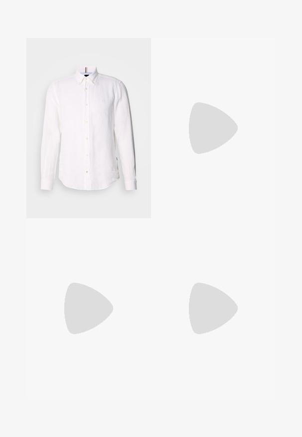 Bela lanu srajca z dolgimi rokavi, z gumbasto zaponko spredaj in subtilnim logotipom na prsih. Ima oblikovano ovratnico in ukrivljen rob.; Bela bombažna majica s kratkimi rokavi in okroglim izrezom, z diskretnim reliefnim logotipom na prsih. Notranja oznaka ima oranžni akcent.; Modre kavbojke z visokim pasom, ravno krojenjem in rahlim bledenjem. Imajo klasičen pet-pocket stil in zapiranje na zadrgo.; Bela športna obuvala iz mrežastega in semiš materiala, z teksturiranim podplatom, teksturiranimi dodatki in logotipom "HUGO" na strani.