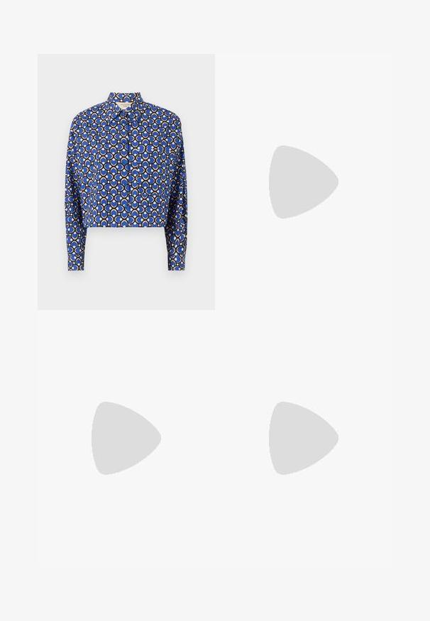 Cropped shirt in blue with a geometric print featuring interlocking circles in tan and black. It has a button-down front and long sleeves.; WEEKEND MaxMara AGENDA - Relaxed fit jeans - navy; Black leather ballet flat with a rounded toe, smooth texture, minimal stitching detail, and a flexible sole design.; Brown leather handbag with a flap closure, gold-tone hardware, a shoulder strap, and a smooth texture. Compact rectangular shape.