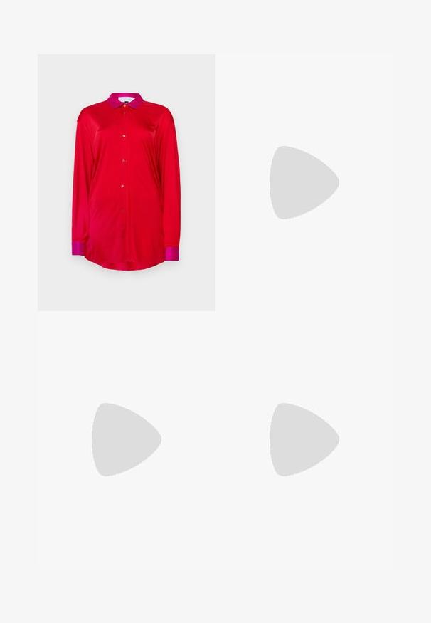 Red long-sleeve shirt in smooth fabric with a contrasting pink collar and cuffs, featuring a button-down front and a relaxed fit.; Light blue denim wide-leg jeans with a mid-rise waist, five pockets, and a button-fly closure featuring metal hardware and a faded finish.; Black leather sandals with gold buckle accents, featuring multiple straps and a flat sole design for open-toe wear.; Black woven purse with a unique crescent shape, featuring a round handle and subtle logo detail at the front. Textured surface throughout.