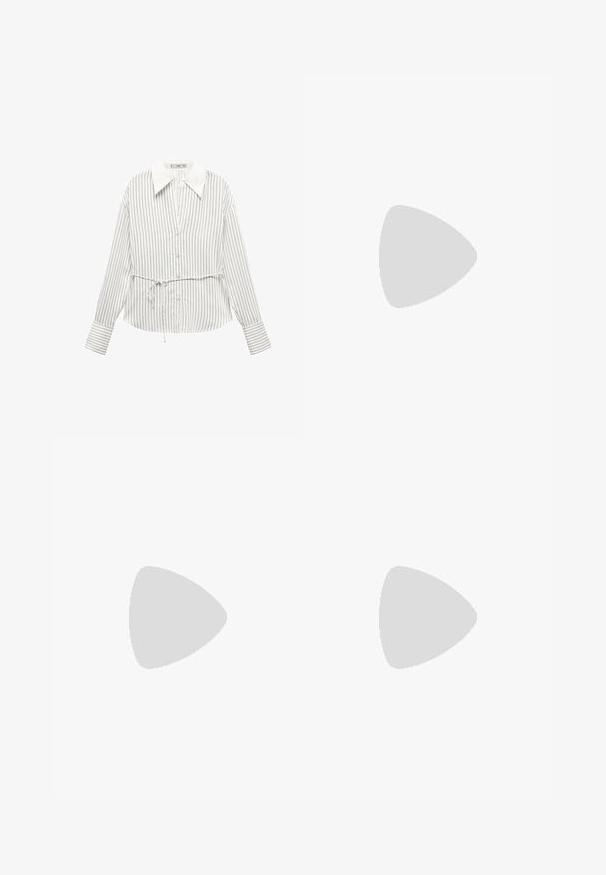 Mango RAYU - Blúzka so zapínaním na gombíky - off-white; Béžové bavlnené šortky s uvoľneným strihom, s plisovaním, zapínaním na gombík a bočnými vreckami. Hladký materiál a dĺžka po kolená.; Biele športové topánky s čiernymi pruhmi, so semišovou štruktúrou, okrúhlou špičkou a suchým zipsom. Gumová podrážka pre trakciu.; Okulé čierne slnečné okuliare s priesvitnými sklami, tenkými čiernymi ramenami a malými kovovými akcentmi vpredu. Klasický dizajn s minimalistickým štýlom.