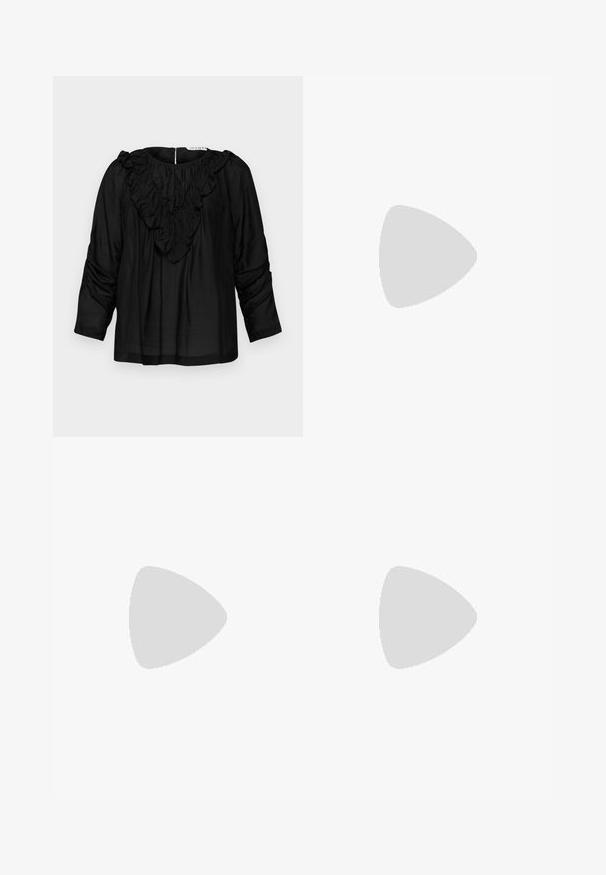 Black blouse with a ruffled V-neck, three-quarter sleeves, and gathered details at shoulders, made from a smooth, lightweight fabric.; Light blue denim jeans with a wide-leg design, featuring two front pockets and two back pockets, finished with a raw hem and button closure.; Beige high-heeled sandal with a braided texture, featuring a decorative flower and ankle strap. Square-shaped heel adds stability.; Woven bag in brown and yellow, featuring a rectangular shape, two handle straps, and a textured finish with visible stitching and a brand tag.