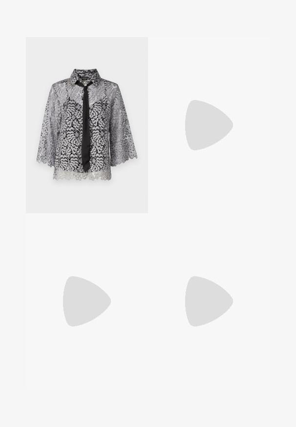 Lace blouse in silver with a black tie. Features bell sleeves, floral patterns, and a pointed collar. Sheer texture with a scalloped hem.; Black wide-leg pants made of smooth, lightweight fabric. Features an elastic waistband for comfort and a flowing silhouette.; Silver slingback heels with a pointed toe, featuring a smooth metallic finish, a slender heel, and decorative strap details.; Black leather handbag with a structured design, featuring a cropped shape, top handle, and gold hardware accent. Adjustable shoulder strap included.