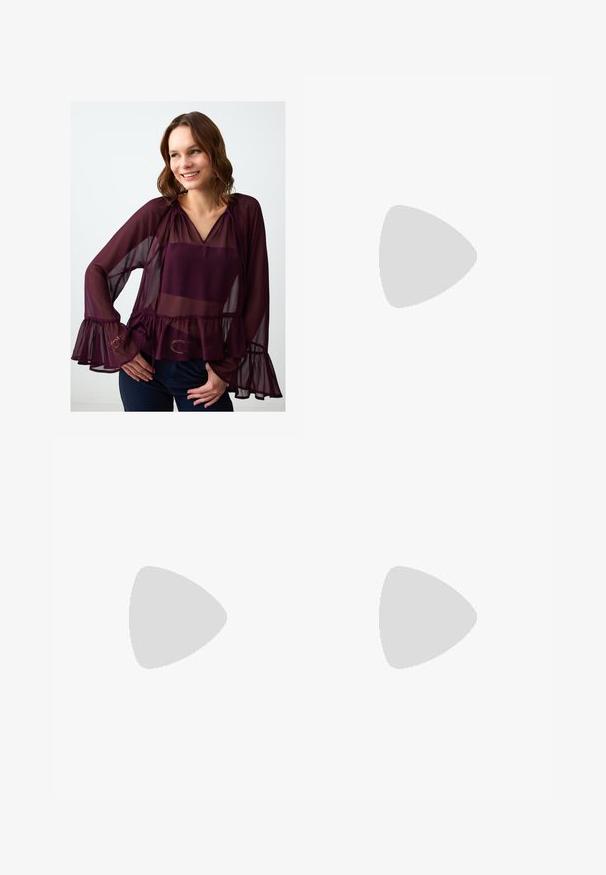 Camicia trasparente borgogna con scollo a V, maniche lunghe, polsini arricciati e orlo a peplum. Presenta accenti sottili sulle maniche.; Gonna maxi in satin nero con texture liscia, vita alta e fondo svasato. Caratterizzata da un design semplice senza motivi visibili o accessori.; Ballerine in pelle verniciata bordeaux con punta arrotondata, piccolo fiocco decorativo sulla parte anteriore e suola bassa in gomma nera. Texture liscia.; Occhiali da sole rotondi di colore rosso con lenti trasparenti e montatura marrone elegante. Il design presenta curve sottili e hardware minimale.; Borsa hobo in pelle marrone con un design morbido e una texture liscia. Indossata casualmente da un modello, presenta un'ampia apertura e una forma rotonda.