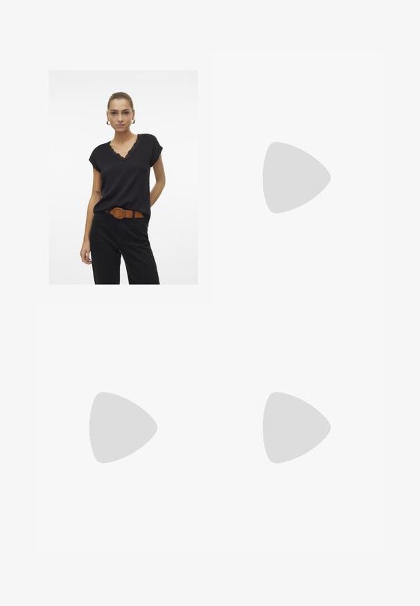 Black blouse with short sleeves, V-neckline trimmed in lace, soft fabric, paired with high-waisted black pants and a brown belt.; Black wide-leg pants with an elastic waistband and a small white Nike logo. Fabric has a smooth texture, designed for comfort and casual wear.; White Nike sneakers with black accents, featuring a smooth leather upper, white laces, and sturdy rubber outsoles, paired with white ribbed socks.; Sunglasses with oval purple lenses, metal frame, and thin arms. Clear nose pads and subtle branding on the arm.