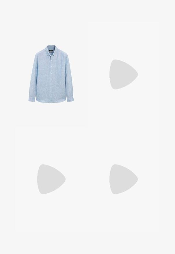 Light blue, long-sleeve button-up shirt made from a textured fabric. Features a button-down collar and front placket with white buttons.; Linen trousers in light beige, featuring an elastic waistband with a drawstring, wide-leg design, and side pockets. Smooth texture.; Burgundy leather loafer with a rounded toe, stitched detailing, and a small decorative accent on the vamp. Flat, contrasting sole.; Black plastic sunglasses with green lenses, square frames, silver accent on the brow, and textured temple arms. Stated brand on inner arm.