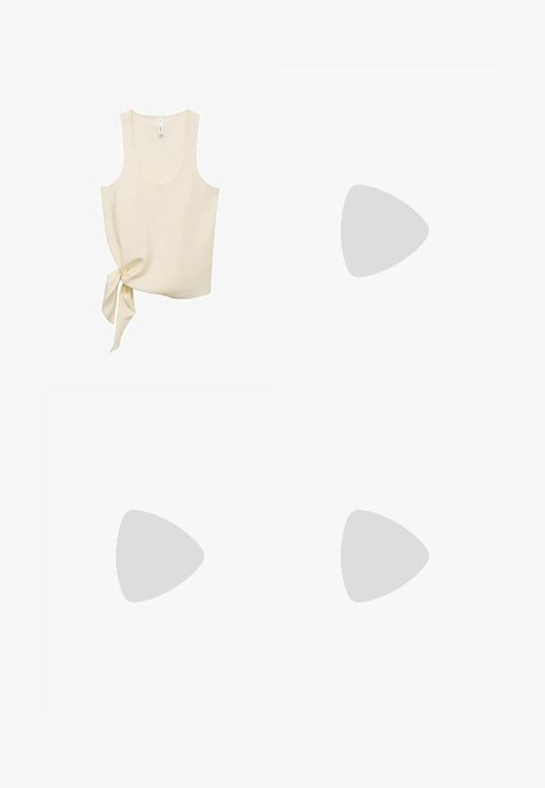 Cream-colored tank top made of smooth fabric, featuring a scoop neckline and a side tie detail for an asymmetric design.; Green paisley-patterned wide-leg trousers with an elastic waist and drawstring. Fabric has a smooth texture and features intricate blue accents.; Gold metallic ballet flats with a smooth finish, almond-shaped toe, and a small front bow detail. Features a light tan insole and minimal heel.; Cream leather handbag with a crescent shape, gold hardware, black accents, and a removable strap. Features a chain detail and tag.
