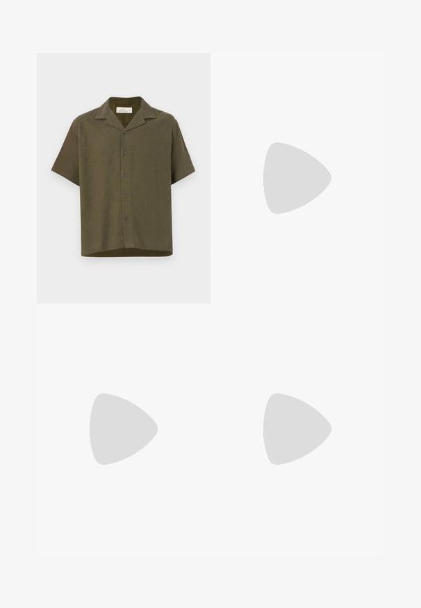 Short-sleeve, collarless shirt in dark olive green fabric. Features five buttons down the front and a straight hem. Made from a linen blend.; White cotton t-shirt with short sleeves, rounded neckline, relaxed fit, and no visible logos or patterns. Smooth texture and minimal design.; Black denim straight-leg jeans feature a classic five-pocket design with button closure, minimal stitching, and a soft texture.; Black leather loafers featuring a smooth finish, stitched detailing across the vamp, and a slightly raised heel.