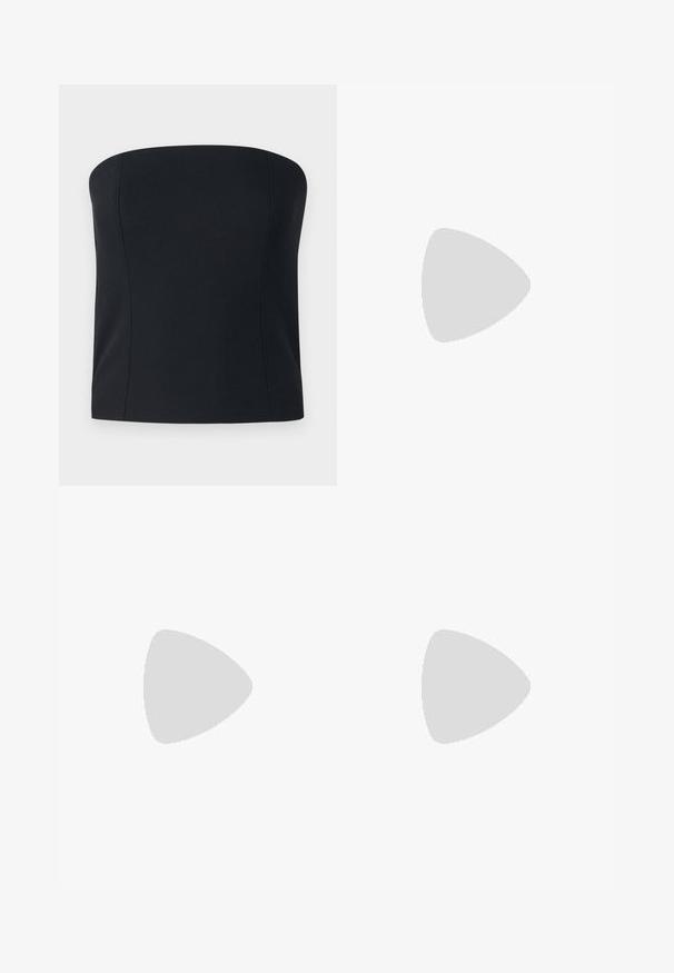 Top negru fără bretele, cu un design ajustat, realizat dintr-un material neted și elastic, fără cusături vizibile. Siluetă simplă și elegantă.; Rochie cu gât halter, confecționată dintr-un material ușor, având un fundal negru cu motive florale albastre și verzi, de lungime medie și cu o croială relaxată.; Sandale cu toc auriu, cu un front legat, textură plisată și curea la gleznă. Tocul bloc are un design cu nervuri, care îmbunătățește aderența.; Piesă decorativă în formă de scoică, de culoare aurie, cu o suprafață texturată și un design striat, având o bază plată pentru stabilitate.; Colier din perle cu mărgele albe lucioase, având un charm în formă de agrafă de culoare argintie decorat cu strasuri clare. Închidere cu carabină.