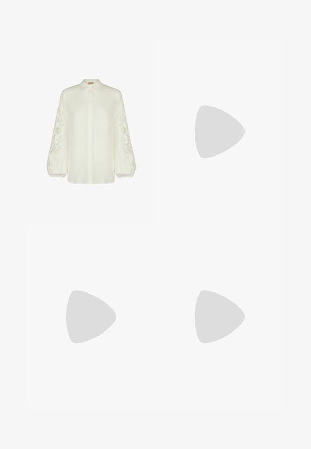 Hvid linnedbluse med lange, puffede ærmer, der har intrikate blomstermotiver broderet. Krave med knaplukning foran, afslappet pasform.; Beige satin midi nederdel med en glat tekstur og let glans, udstyret med en tætsiddende talje og en strømmende silhuet. Ingen synlige mønstre eller udsmykninger.; Sort remsandale med firkantet tå og en lav blokeret hæl. Har flere tynde stropper og en justerbar ankelrem. Fremstillet af glat læder.; Sort læder crossbody taske med en glat tekstur, rektangulær form og en metallisk kæde detalje foran. Justerbar skulderrem inkluderet.