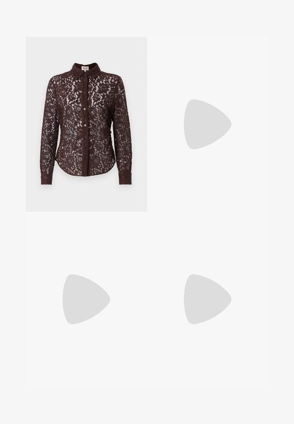 Brown lace button-up shirt with a collar, long sleeves, floral patterns, and a slightly curved hem. Textured fabric with transparent elements.; Dark blue denim trousers with a high waist, wide legs, front pleats, silver button closure, and yellow stitching accents.; Black leather sandals with gold buckle accents, featuring multiple straps and a flat sole design for open-toe wear.; Brown textured leather crossbody bag with gold chain strap and flap closure. Front features logo detail and a pocket under the flap.