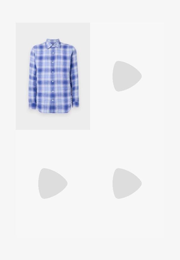 Blue and white plaid long-sleeve shirt with a button-down collar, featuring a soft texture and regular fit. Buttons visible along the front.; Black short-sleeve polo shirt featuring a textured, abstract pattern. The collar is flat and slightly open, enhancing the relaxed design.; Denim shorts in light blue with a classic cut. Features five pockets, orange stitching accents, and raw-edge hems.; Black leather loafers with a smooth finish, rounded toe, and decorative stitching on the vamp. Low stacked heel and slight shine.