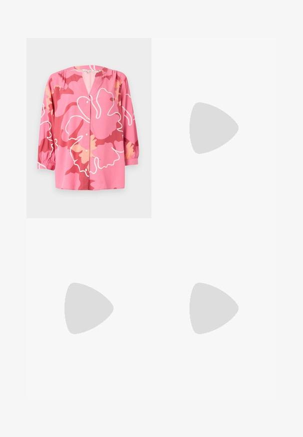 Pink blouse made of lightweight fabric with a V-neck, 3/4 sleeves, and a bold floral pattern in various shades of pink and cream.; Light blue high-waisted jeans with a straight leg fit, made of denim. Features a button fly, five-pocket design, and subtle faded texture.; Navy blue wedge sandal with crossed straps, a textured natural fiber platform, and a gold metallic accent on the base.; Navy canvas shoulder bag with a soft, structured shape, featuring a black strap, stitched detailing, and a small brand tag.