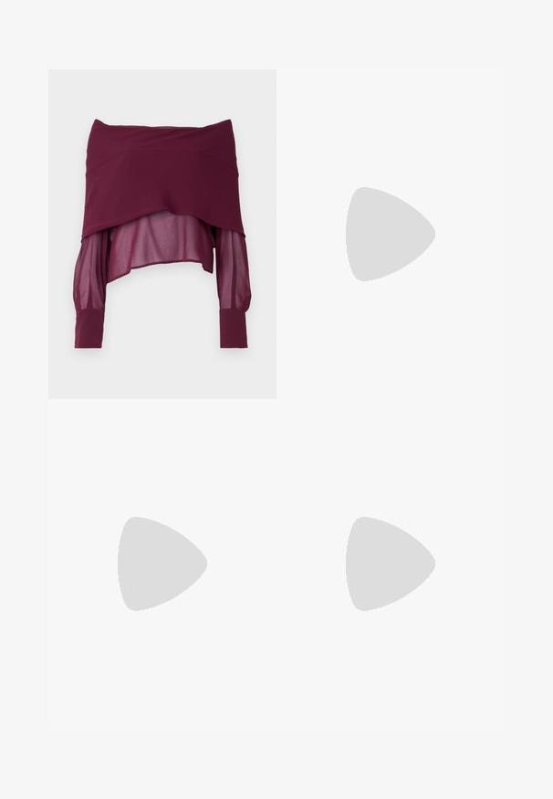 Top borgogna a spalle scoperte con maniche lunghe trasparenti, caratterizzato da un design a strati e polsini solidi. Texture liscia con una silhouette drappeggiata.; Pantaloni neri a taglio dritto, con doppie pieghe, una texture liscia e un design classico in vita. Nessun hardware o dettaglio visibile.; Decolleté in pelle nera con punteggiatura e tacco quadrato spesso. Texture liscia, design semplice, adatto per ambienti formali.; Borsa a spalla in pelle nera con forma curva, chiusura con zip e tracolla regolabile. Presenta il logo del marchio impresso sulla parte anteriore.