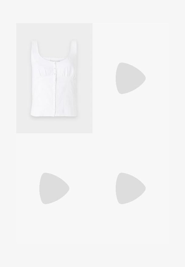 White linen sleeveless top with a scoop neckline, front button closure, and subtle embroidered accents on the straps. Smooth texture.; Denim shorts in light blue with a faded finish. Features a button closure, five pockets, and straight leg design.; Blue denim high-heeled sandal with an ankle strap and button closure. Features a square toe and a black sole for contrast.; Black leather handbag with a curved shape, detachable strap, and gold hardware. The bag features a flap with a buckle detail.