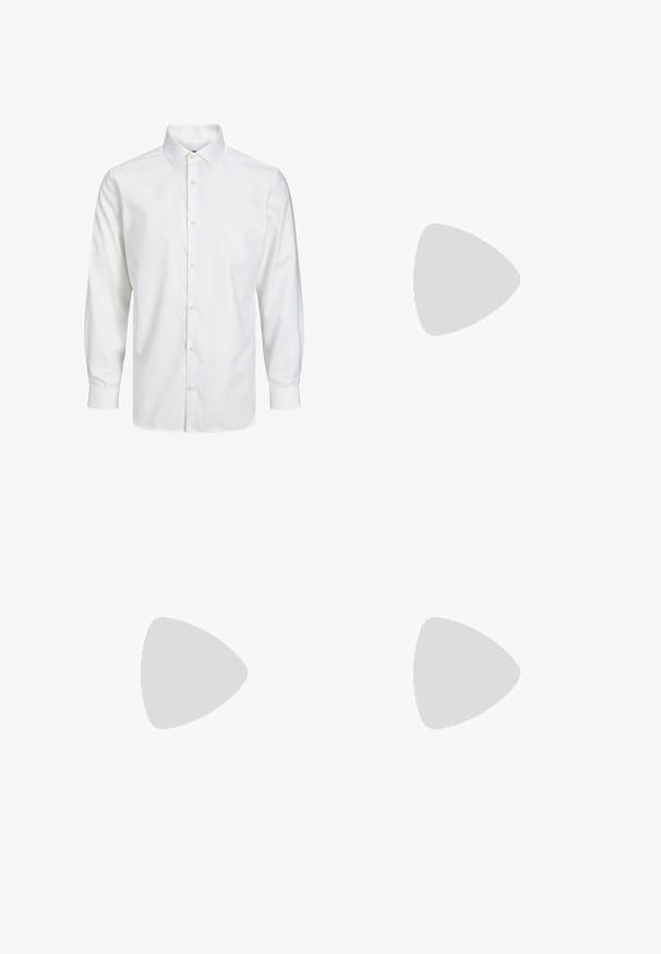 White long-sleeve button-up shirt, made of smooth fabric, featuring a classic collar, front placket with buttons, and buttoned cuffs.; Black cotton trousers with a slim fit, featuring two side pockets and a front button closure. Textured fabric with subtle detailing.; Black leather loafer with a smooth finish, featuring a stitched design and a decorative metal chain accent across the vamp. Flat heel.; Black sunglases with octagonal frame, dark lenses, glossy finish, thin temples, and gold accents on the front.