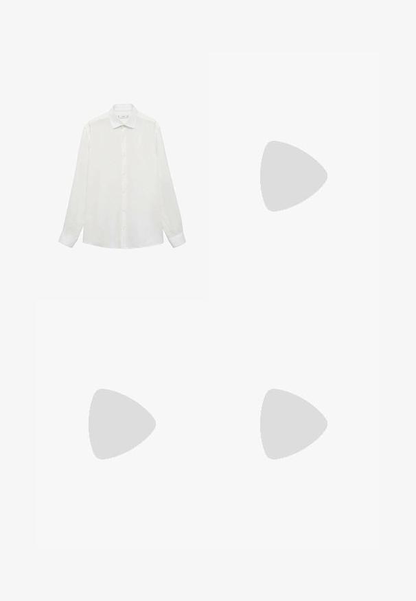 Weißes Hemd mit klassischem Kragen, langen Ärmeln und glatter Textur. Verfügt über ein schlichtes Design mit passenden Knöpfen.; Marineblaue Hose aus glatt gewebtem Stoff, mit einem leicht taillierten Schnitt, Vorderfalten, Gürtelschlaufen und einem Einzelknopfverschluss.; Beige Wildleder Slipper mit abgerundeter Spitze und genähten Details. Helle Gummisohle mit einem profillosen Design.; Sonnenbrille mit ovalen grauen Gläsern, silbernem Metallrahmen und schwarzen Akzenten an den Bügeln. Sie verfügt über ein elegantes Design und minimalen Metallaufwand.