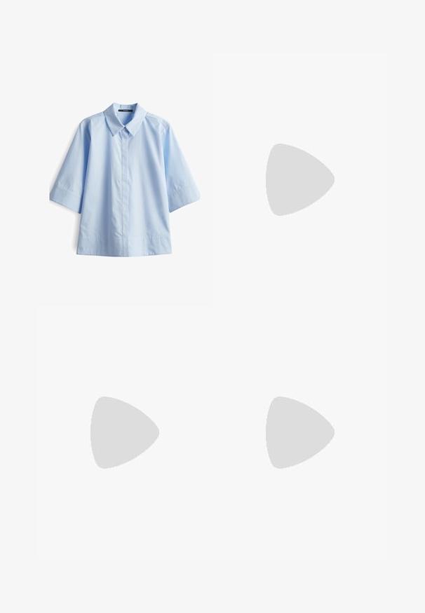 Hellblaues Kurzarm-Hemd mit Kragen aus glattem Stoff, gerade geschnitten und mit einer Frontknopfleiste in sauberer Verarbeitung.; Weite Jeans aus Denim in Mittelblau, mit hoher Taille, Knopfverschluss und kontrastierenden vertikalen Nahtdetails an der Vorderseite.; Schwarze Lackleder-Slingback-High Heels mit spitzem Schuh und einem geometrischen Blockabsatz. Verfügt über ein schlankes, minimalistisches Design und eine glatte Textur.; Schwarze Laptoptasche aus Leder mit glatter Textur, rechteckiger Form und zwei langen Griffen. Keine sichtbaren Beschläge oder Verzierungen.